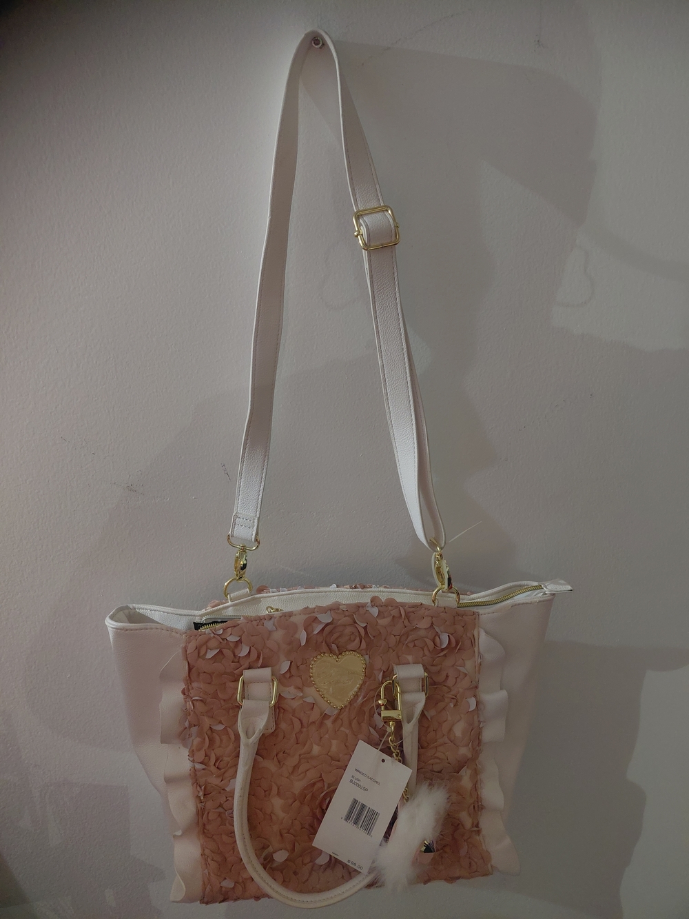 Betsey Johnson Women's Pink Floral Applique Tote Bag with Gold Heart Accent